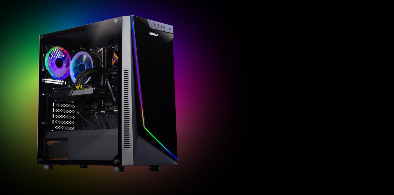 An ABS Gladiator Gaming PC tilted to the right is illuminating ARGB light.